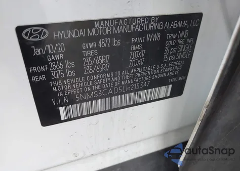 2020 Hyundai Santa Fe Sel из США, поврежденный, VIN 5NMS3CAD5LH215347